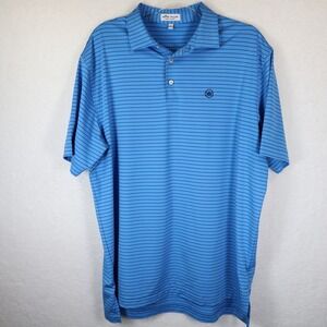 Peter Millar Golf Polo Crown Seal Logo Blue Black Stripes Medium Short Sleeve